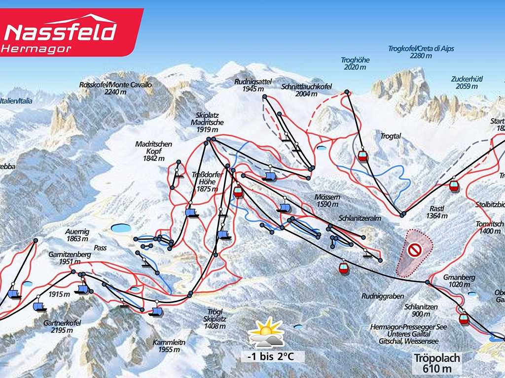 Mapa lyžařského střediska Nassfeld nedaleko Rattendorfu